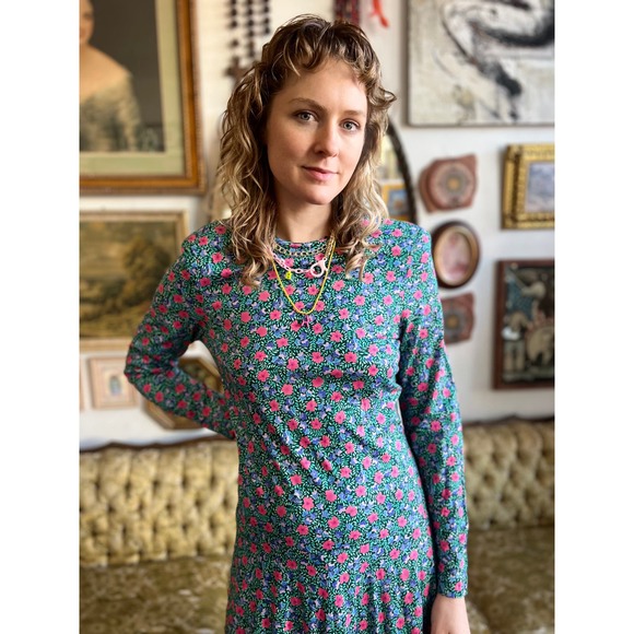 Vintage Blue Floral All over Print Long Sleeve Maxi Dress Size Small - Picture 8 of 9